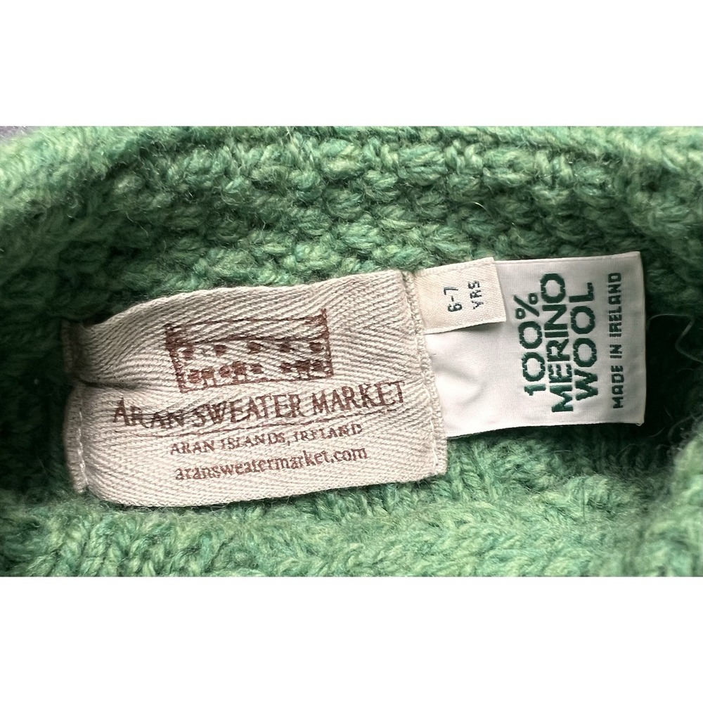 Aran Sweater Market Kids 6-7 Years Green Merino Wool Cable Knit‎ Sweater Ireland - Picture 3 of 6
